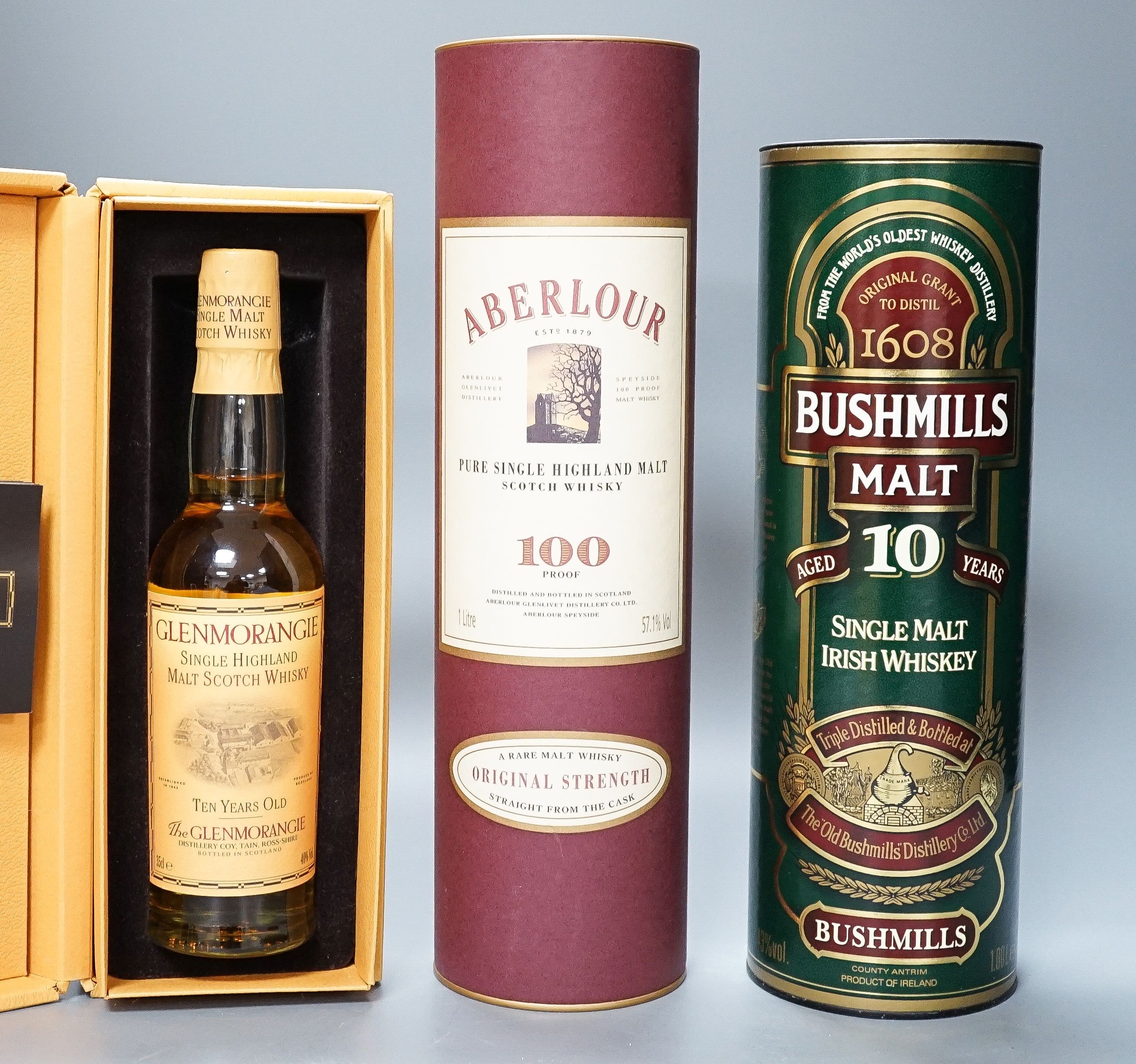 1 litre of 100 proof Abelour Scotch whisky, 1 litre of 10 year Bushmills Irish whiskey and a 35cl 10 year Glenmorangie
